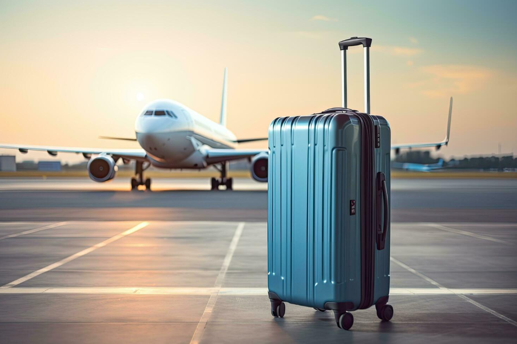Suitcase on airport tarmac with passenger aircraft at sunset